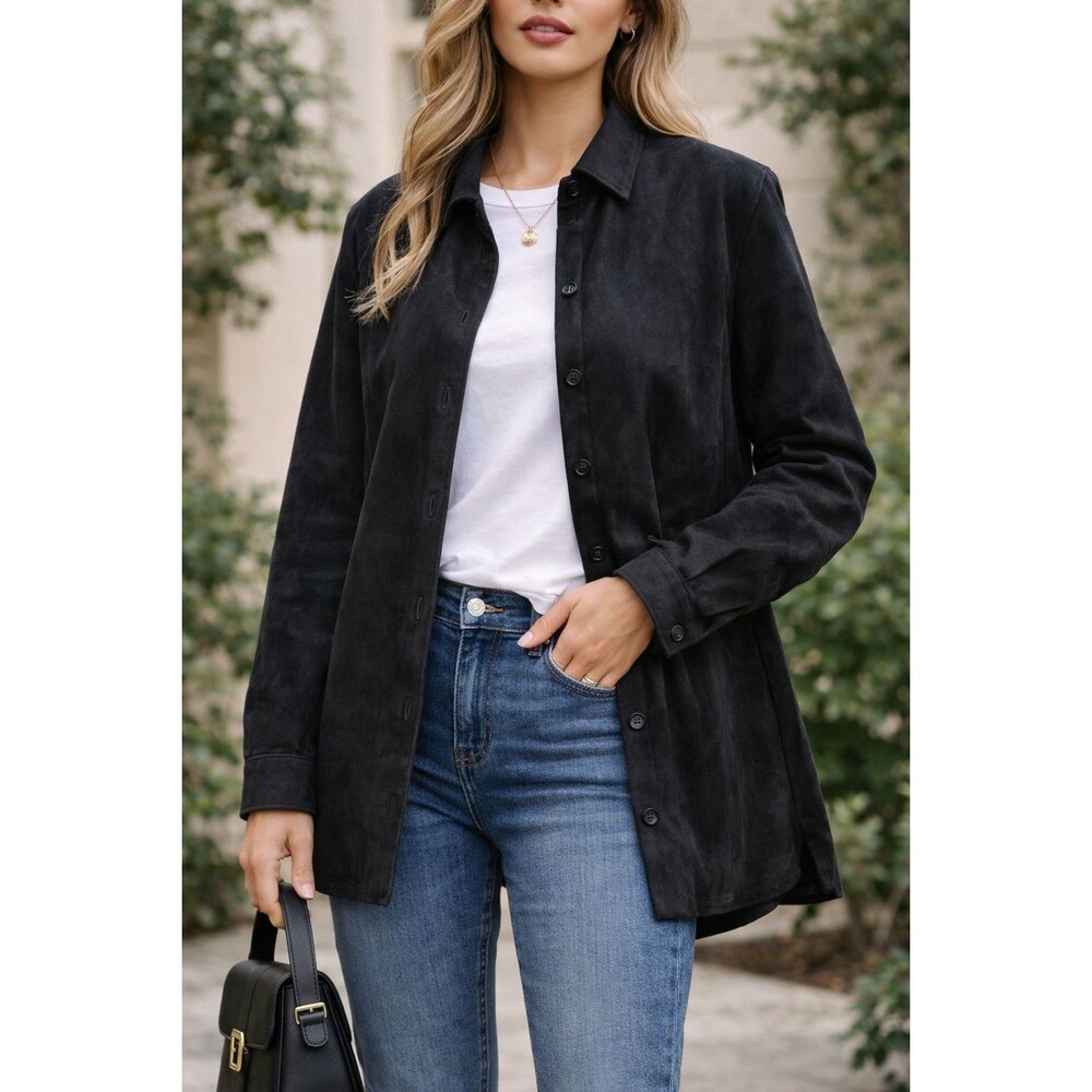Women’s Black Leather Shirt Jacket Button Up Genuine Leather L Casual Apostrophe